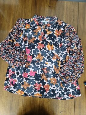 CJ Banks Pink Floral Balloon-Sleeve Blouse with Black & Brown Accents